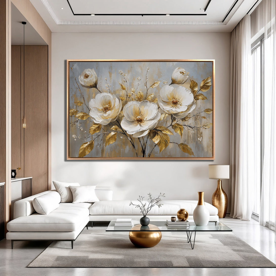 Framed Wall Art featuring elegant white floral art with gold accents, perfect for adding a touch of luxury to your home decor.