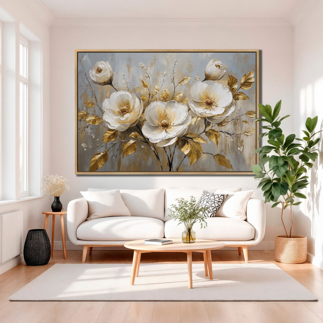 Framed Wall Art featuring elegant white floral art with gold accents. Neutral color palette complements any interior decor. Shop our Canvas Print collection today!