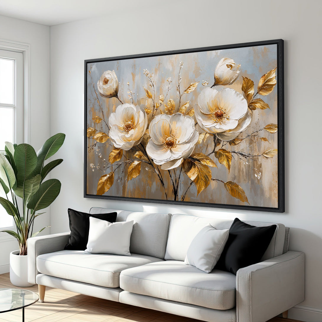 Framed Wall Art: Elegant floral Canvas Print in gold and white tones, perfect for adding a touch of luxury to your living room decor.