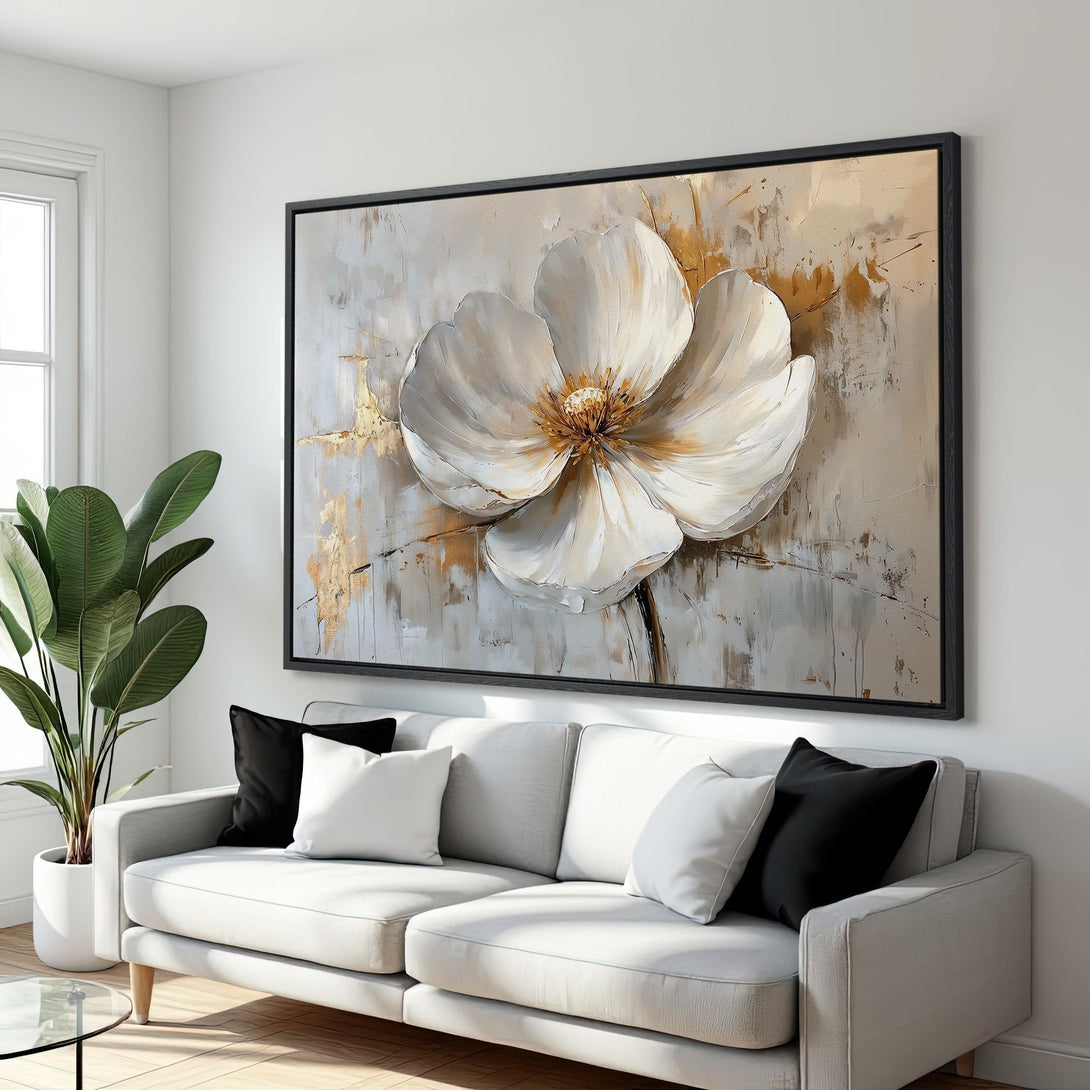 Framed Wall Art: Stunning floral canvas print in neutral tones with gold accents. Perfect for modern home decor. Shop now!