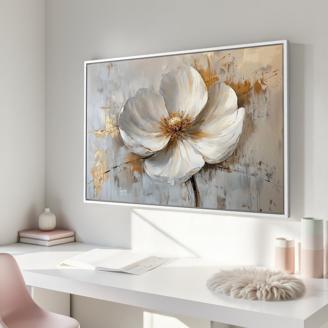 Framed Wall Art: Large white flower painting in neutral tones. Elegant floral art for modern home decor.