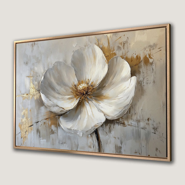 Framed Wall Art: Elegant white flower painting with gold accents on a neutral background. Modern art for your home decor.