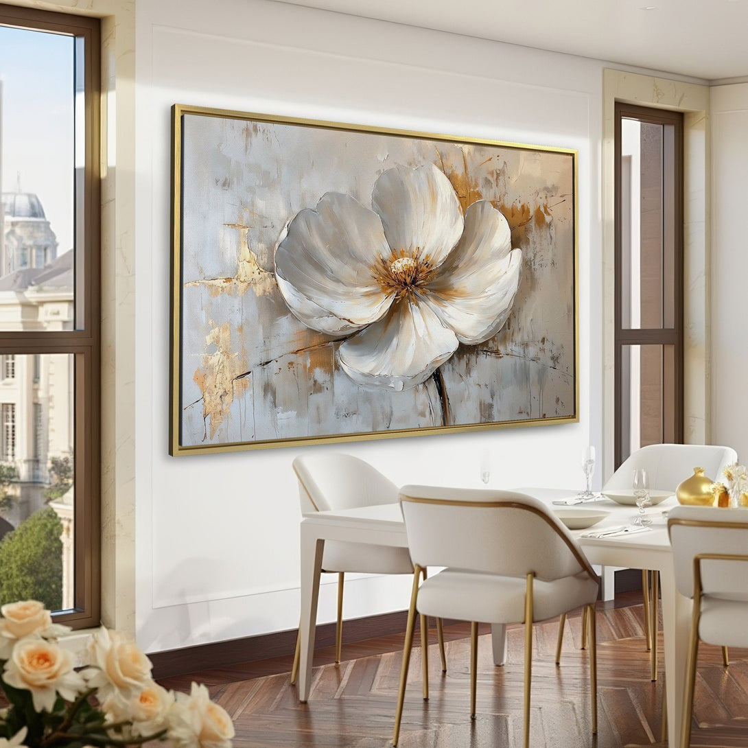 Canvas Print of a large white flower painting in a sophisticated interior. Neutral and gold tones complement the dark green walls.