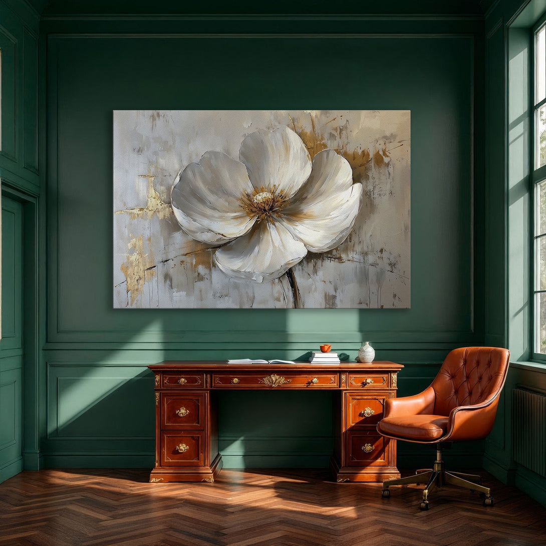 Framed Wall Art: Elegant white flower painting with gold accents. Modern style, neutral color palette. Perfect for dining room decor.