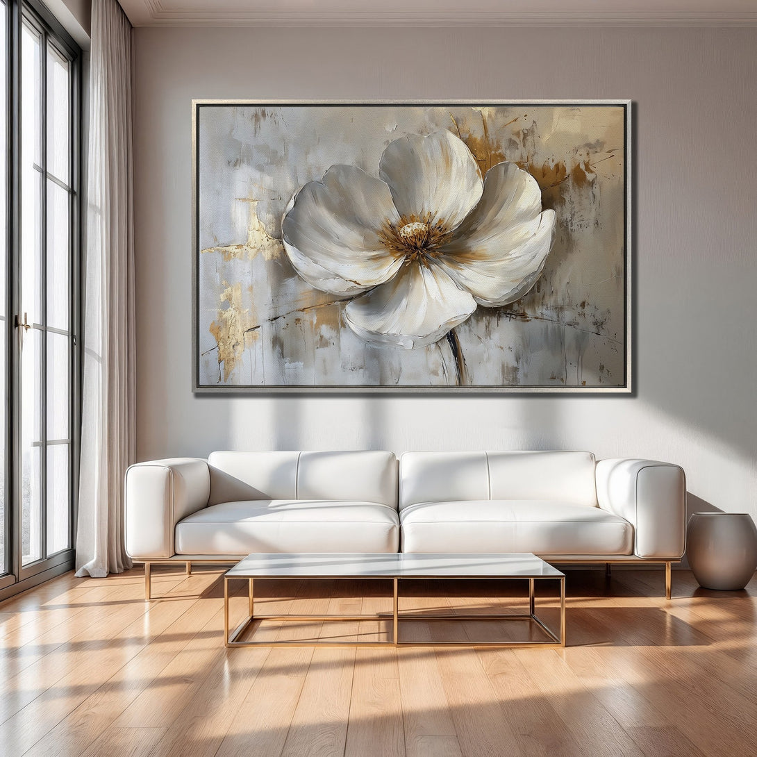 Framed Wall Art: Elegant floral painting in neutral tones with gold accents. Modern decor inspiration for living room.