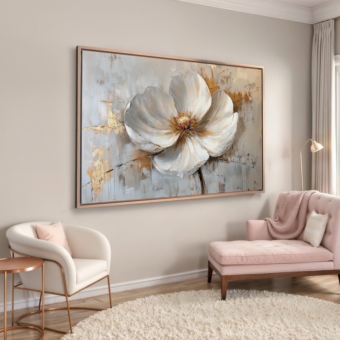 Framed Wall Art: Large floral canvas print in neutral tones, gold accents, and a modern abstract style. Perfect for adding elegance to any interior space.