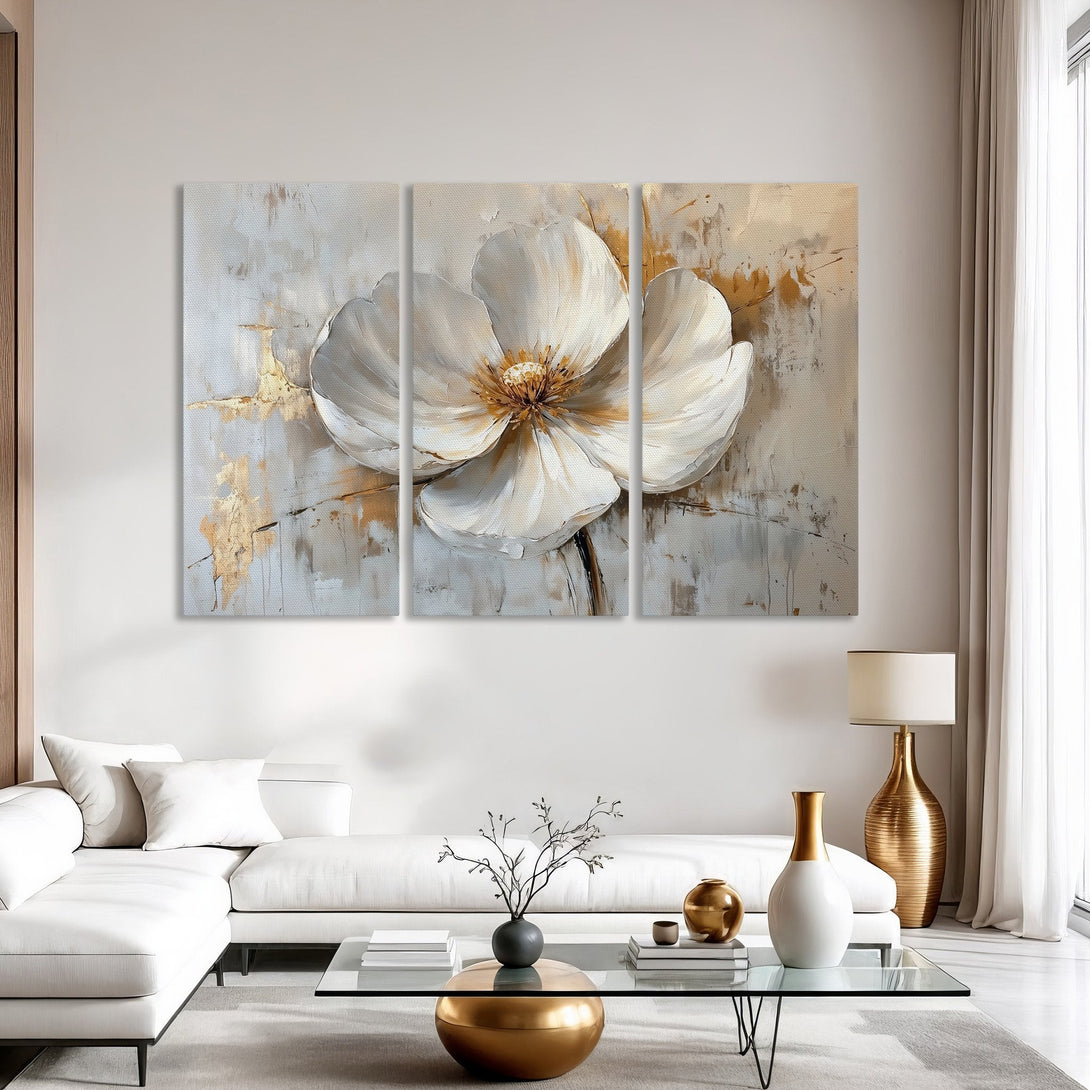 Canvas Print of a large white flower in an abstract style, featuring a neutral and gold color palette, perfect for modern decor.