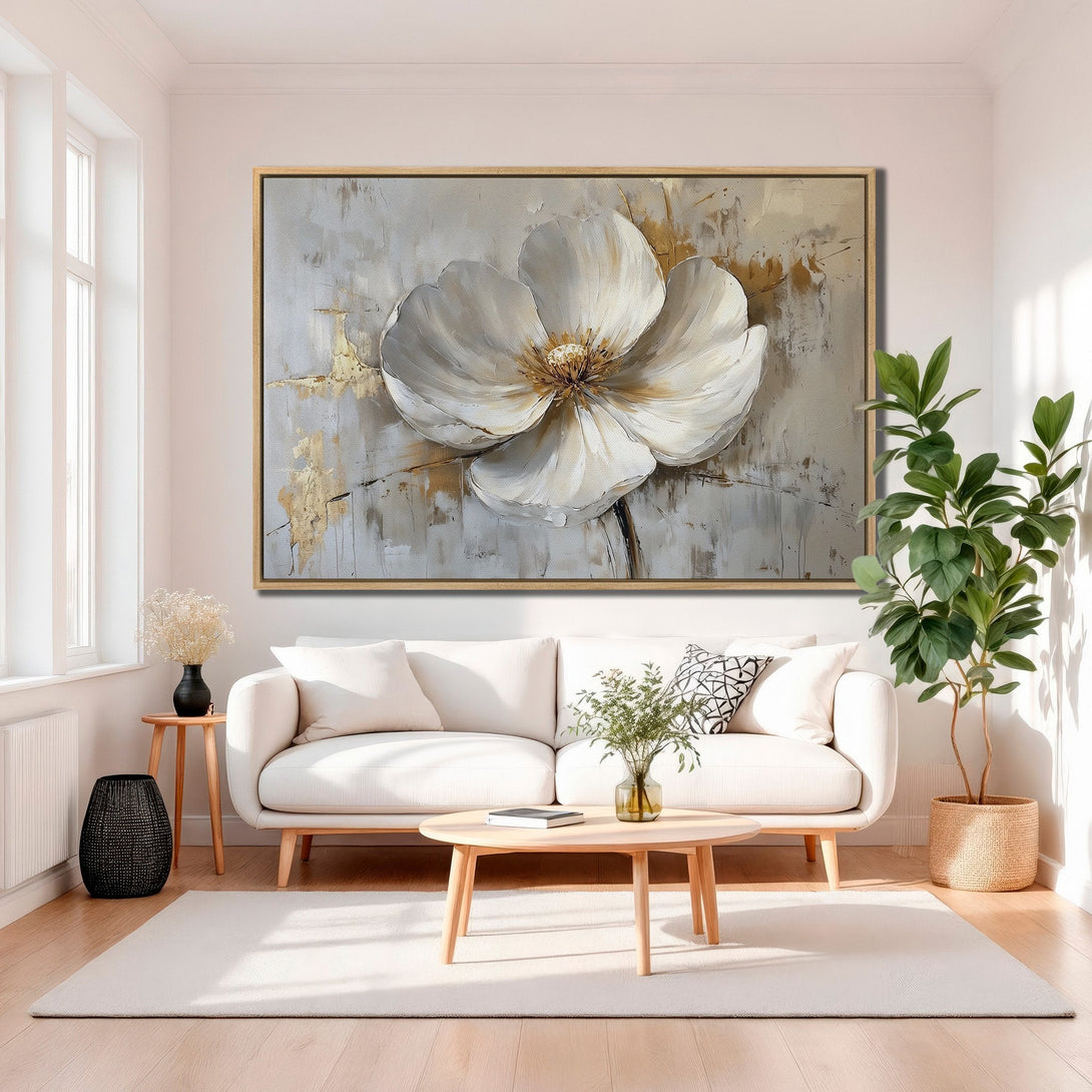 Framed Wall Art: Large white flower abstract painting in neutral tones. Modern canvas art for living room decor, gold accents.