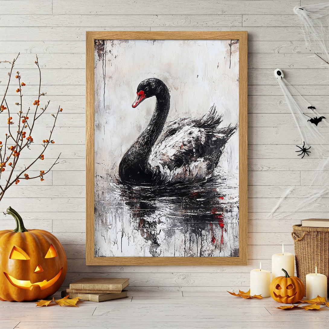 Framed Poster featuring a black swan painting in a textured style. Neutral palette with pops of red, perfect for Halloween decor.