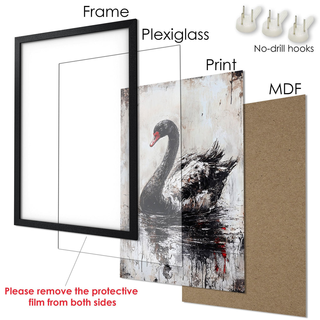 Framed Poster featuring a black swan in an abstract style with a neutral and red color palette. Perfect wall art!