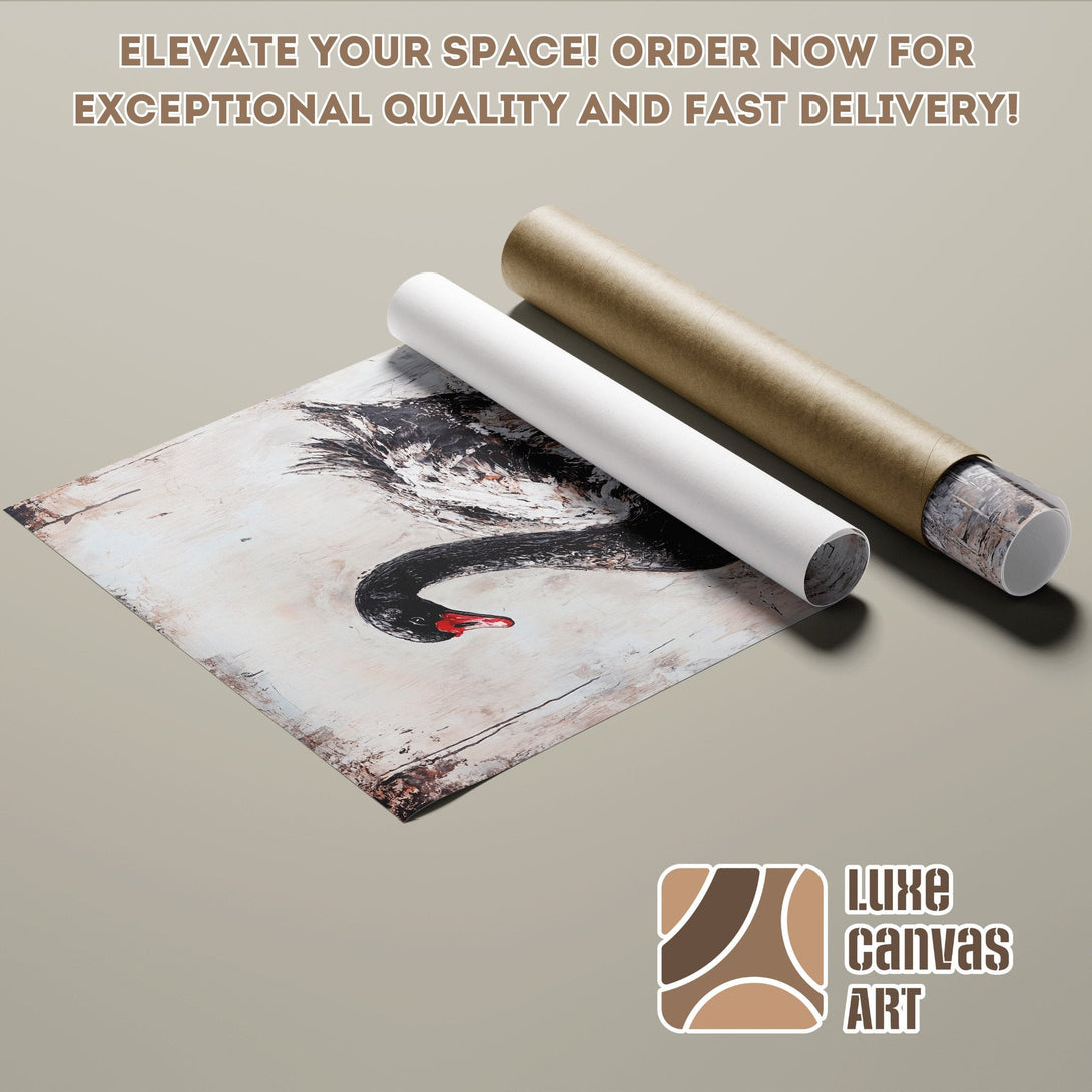 Black swan art poster roll, neutral palette, abstract style. Elevate your space with Luxe Canvas Art!