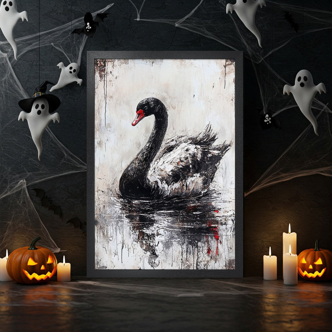 Framed Poster featuring a black swan painting in a Halloween setting. Abstract style, black, white, and red color palette.