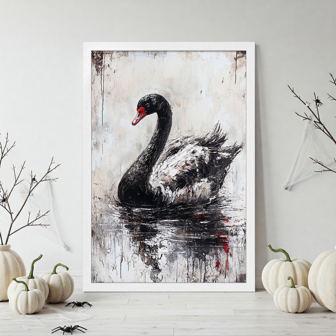 Framed Poster featuring a black swan painting in an abstract style with a neutral color palette, perfect for modern home decor.