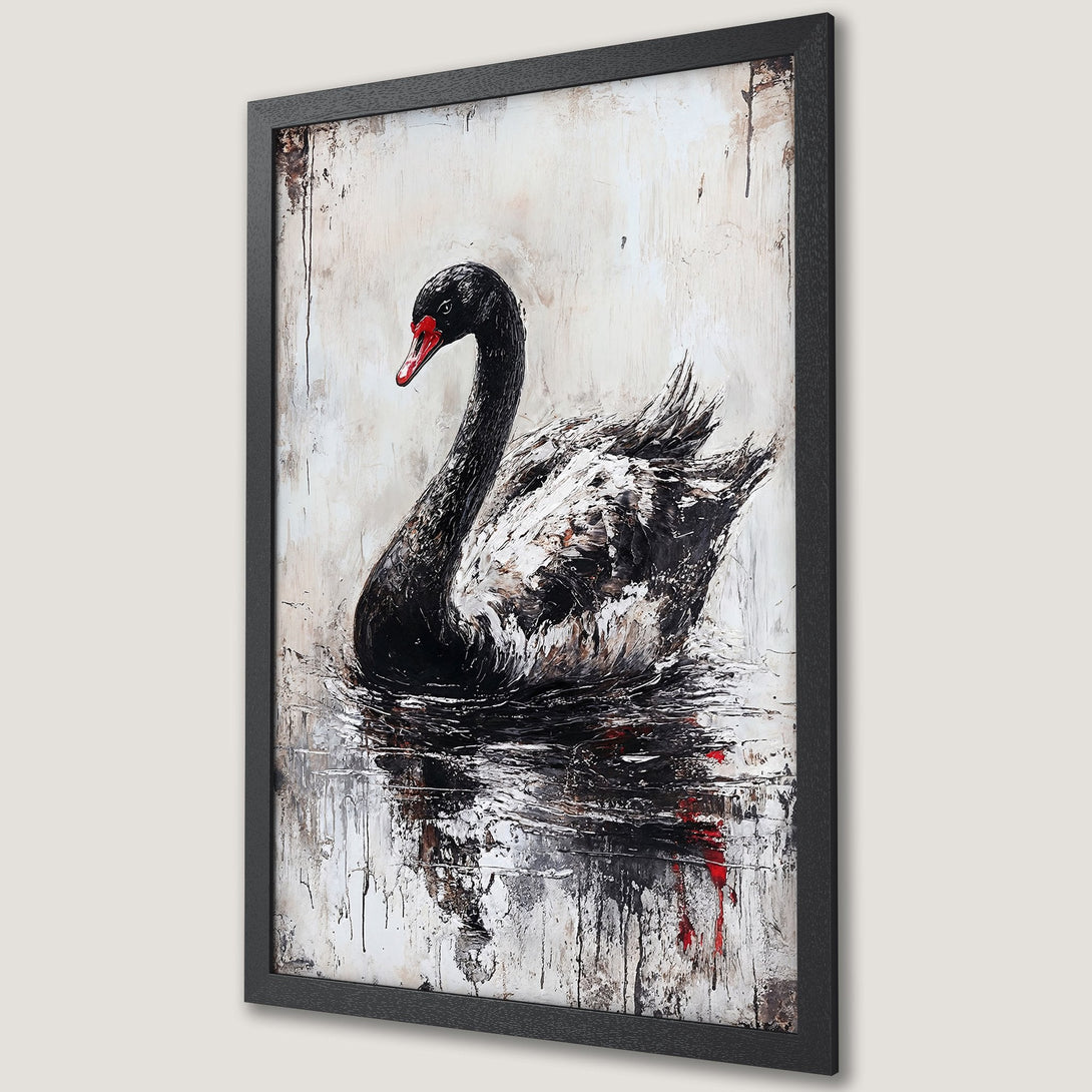 Framed Poster featuring a black swan oil painting. Elegant art in black, white, and red color palette. Perfect for home decor.