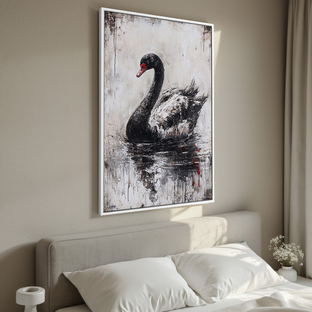 Framed Wall Art: Black swan painting with abstract style, neutral color palette. Perfect for bedroom decor. Shop now!