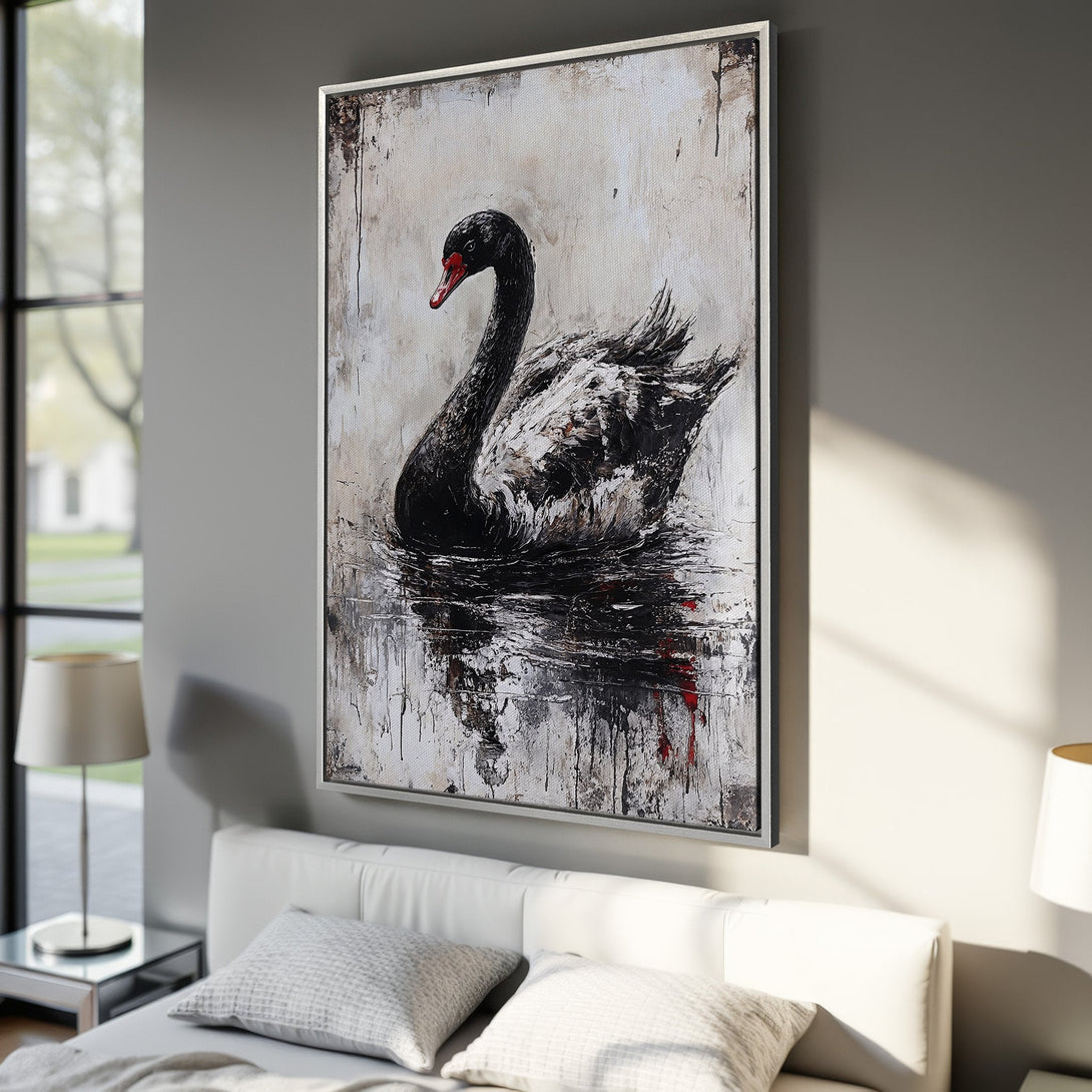 Framed Wall Art: Black swan painting in abstract style with a neutral color palette. Modern art for home decor.