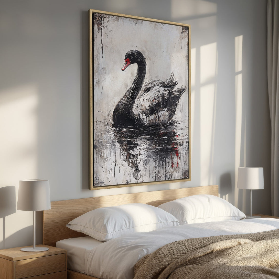 Framed Wall Art: Abstract black swan painting with red accents. Modern art in a neutral color palette, perfect for bedroom decor.
