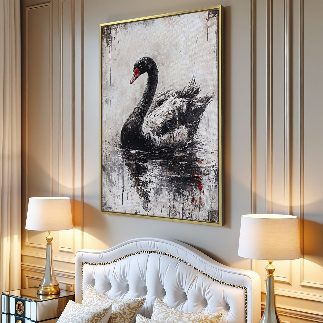 Canvas Print: Black swan artwork in a modern, abstract style with a neutral and red color palette, perfect for living room decor.