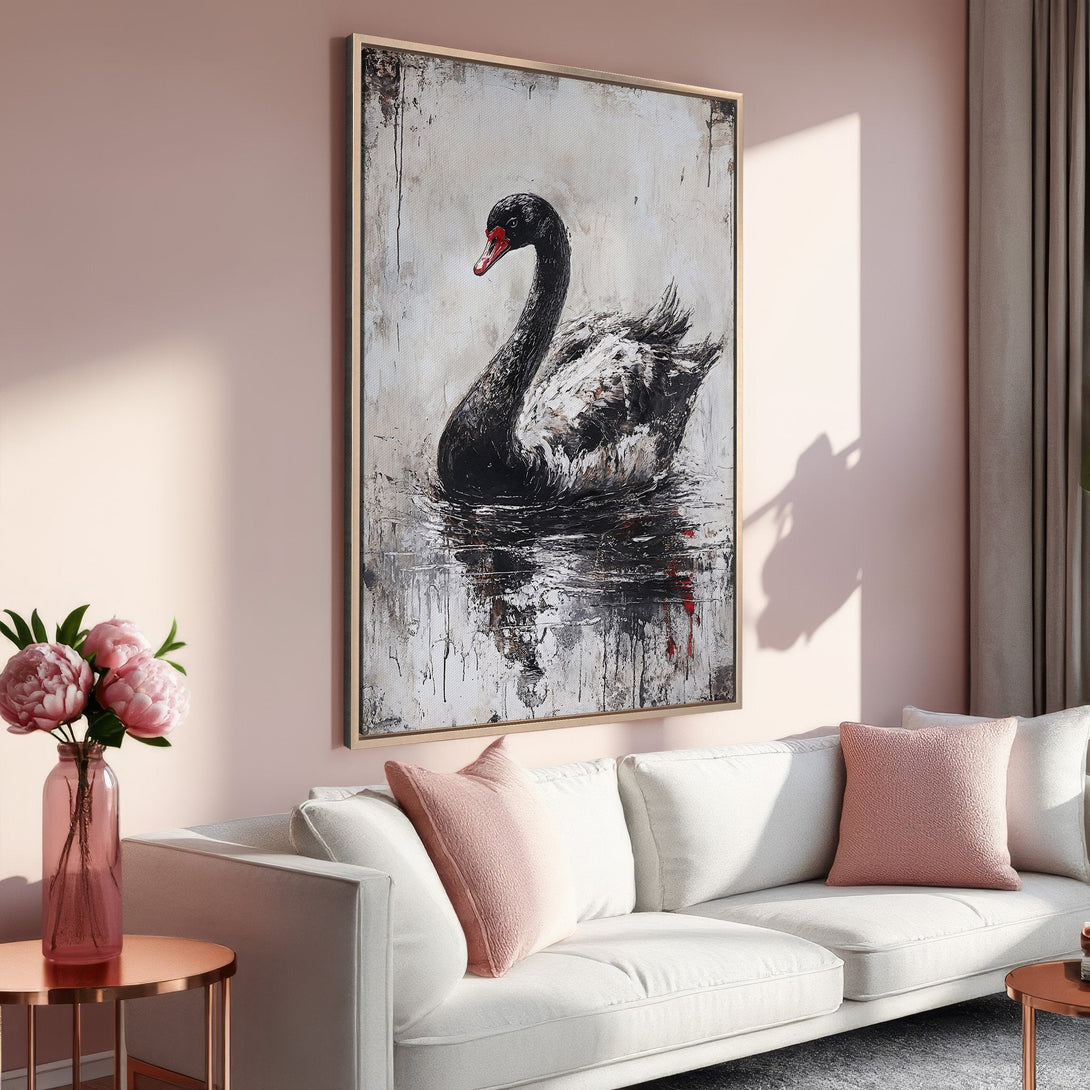 Framed Wall Art: Black swan painting in a modern style with a neutral color palette. Perfect for adding elegance to your living room.