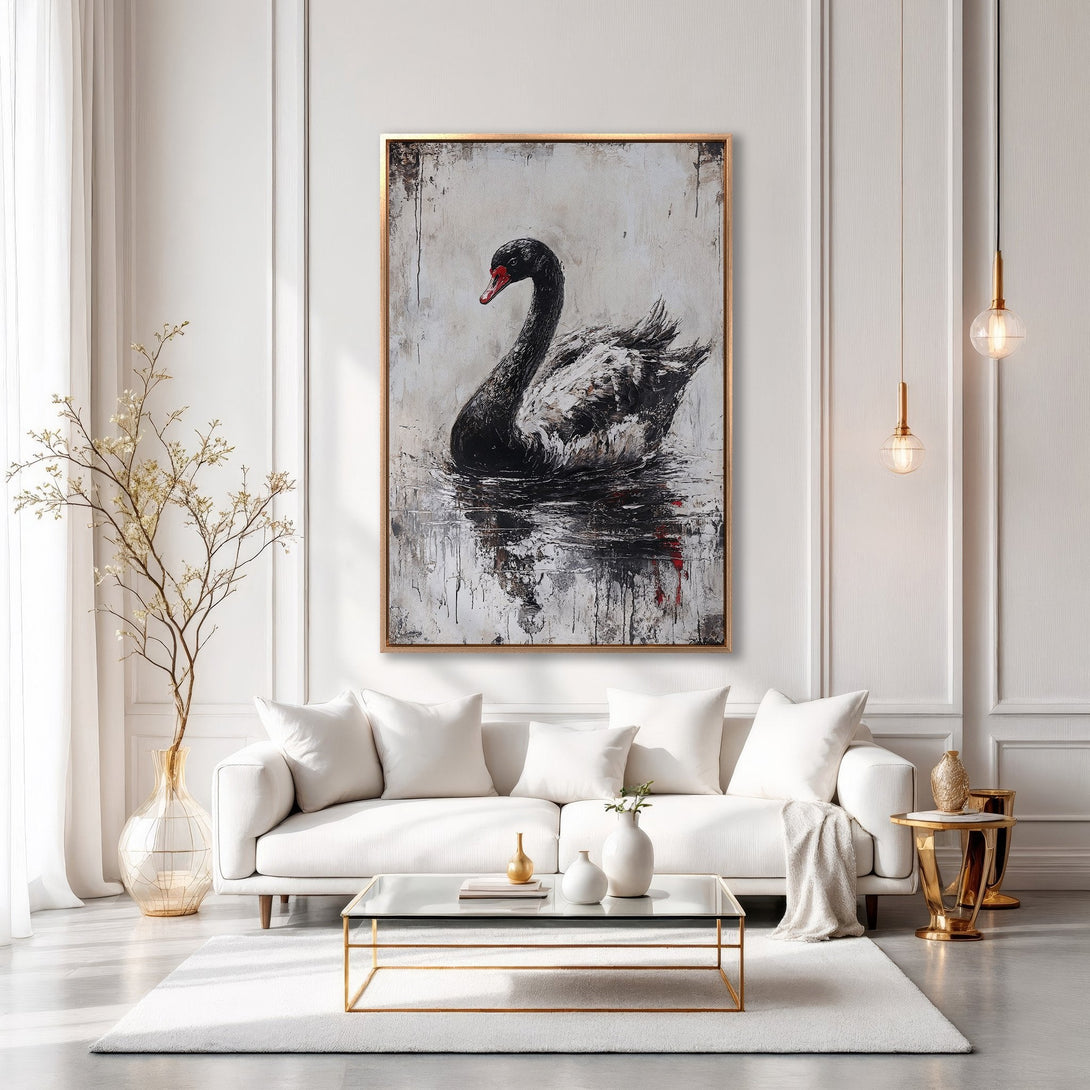 Framed Wall Art of a black swan in a modern interior. Abstract style with a neutral, white, and gold color palette. Elevate your home decor!
