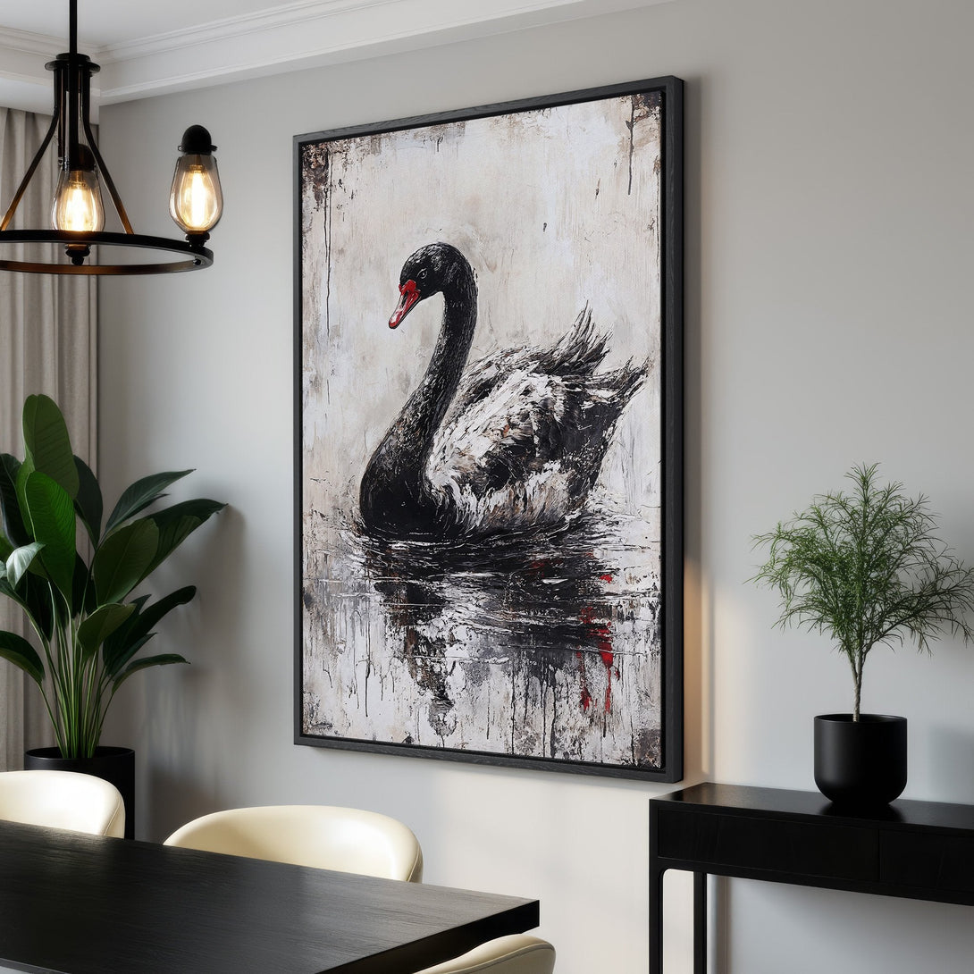 Framed Wall Art: Abstract black swan painting, neutral color palette with pops of red, displayed in modern interior. Enhance your space with stunning art.