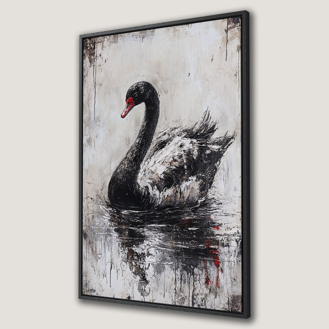 Framed Wall Art: Black swan painting in abstract style. Dramatic monochrome palette with pops of red. Perfect modern home decor.