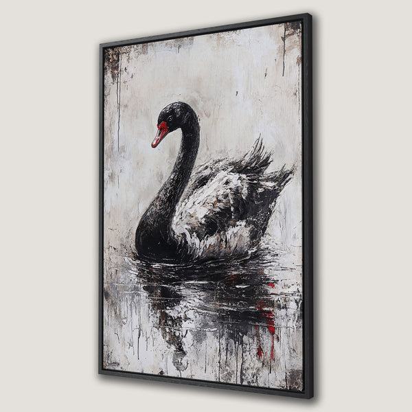 Framed Wall Art: Black swan painting in abstract style. Dramatic monochrome palette with pops of red. Perfect modern home decor.