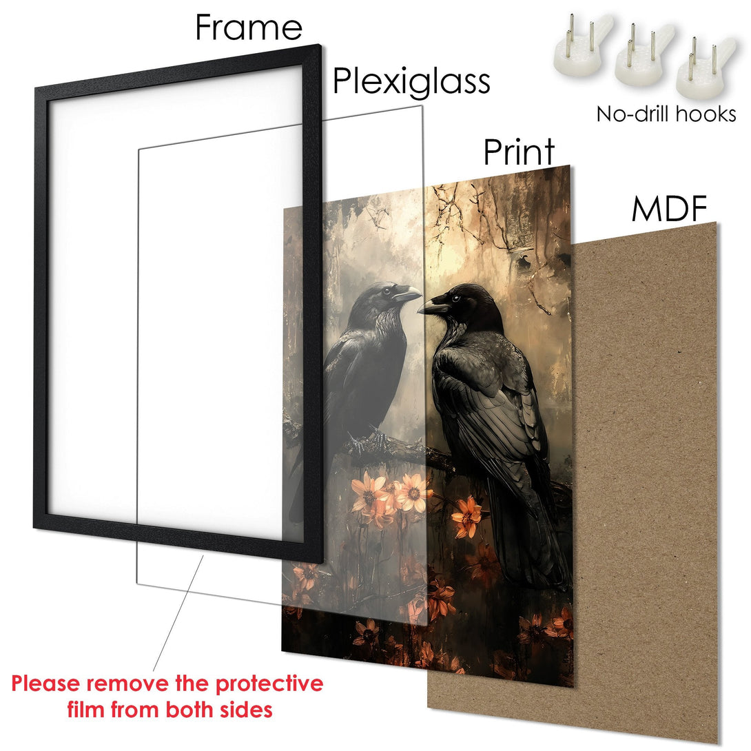 Framed Poster featuring a crow in a dark, artistic style with warm, earthy tones. Perfect wall art for any room!