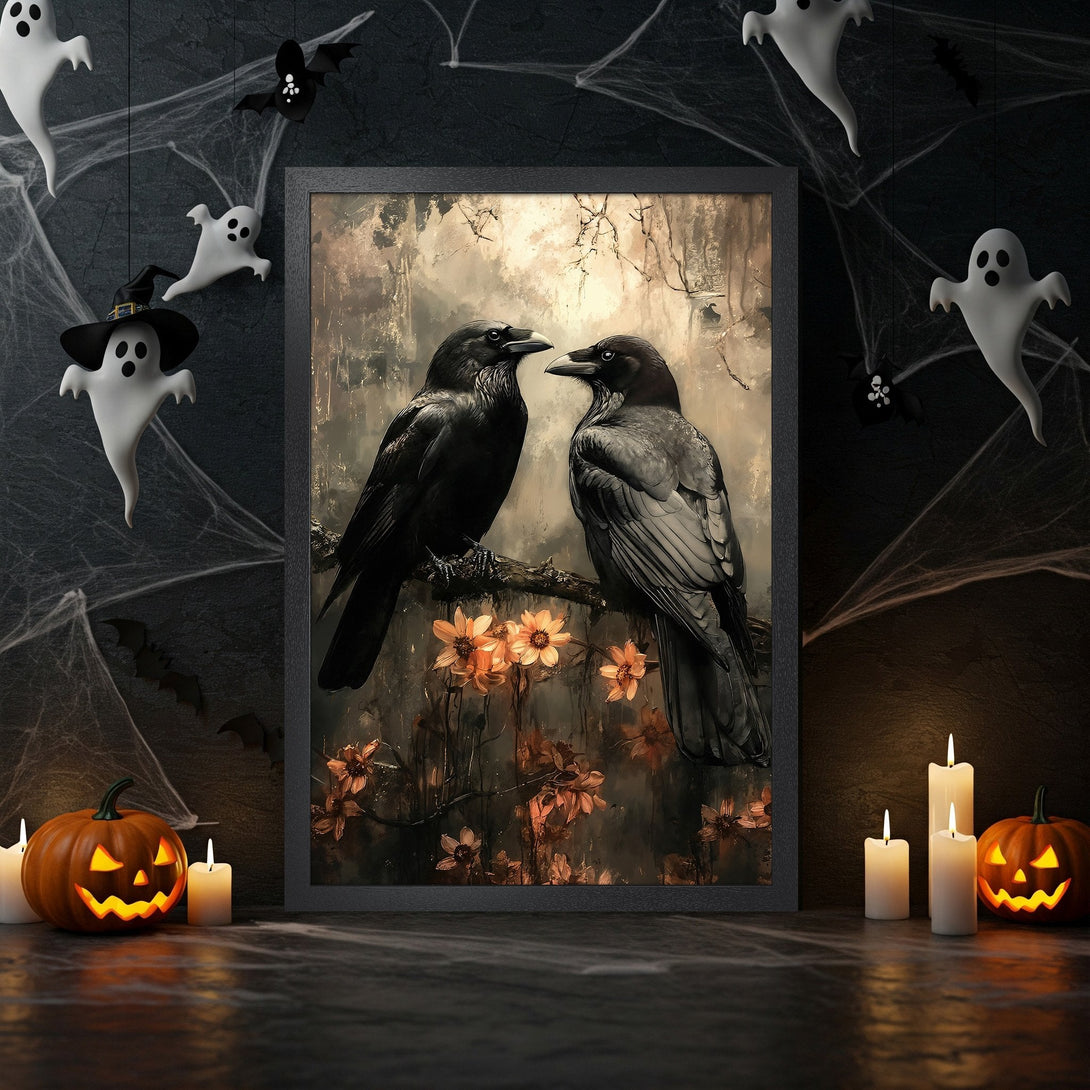 Framed Poster featuring two ravens on a branch. Gothic style with a dark, moody color palette. Perfect Halloween decor!
