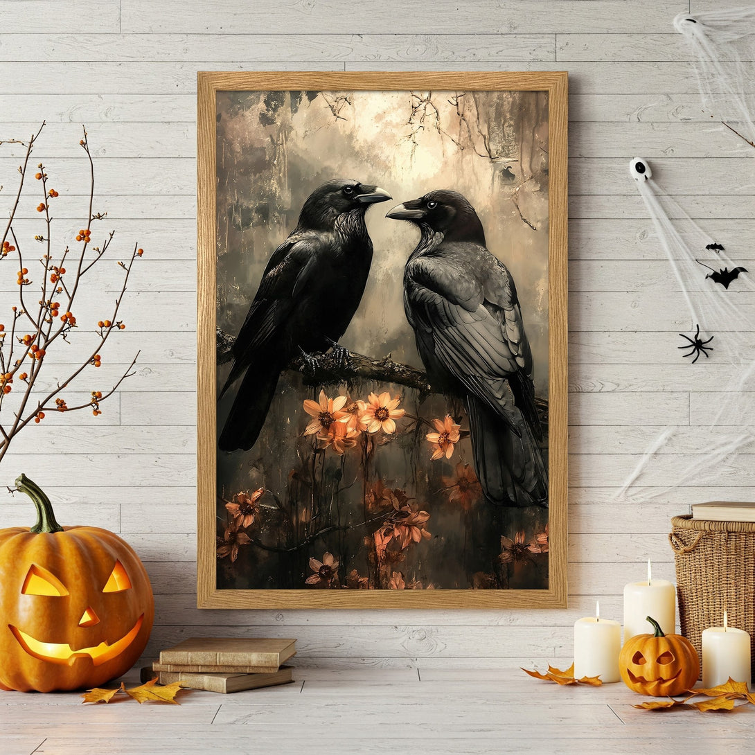 Framed Poster featuring two black crows on a branch, with a moody, dark color palette. Perfect Halloween decor!