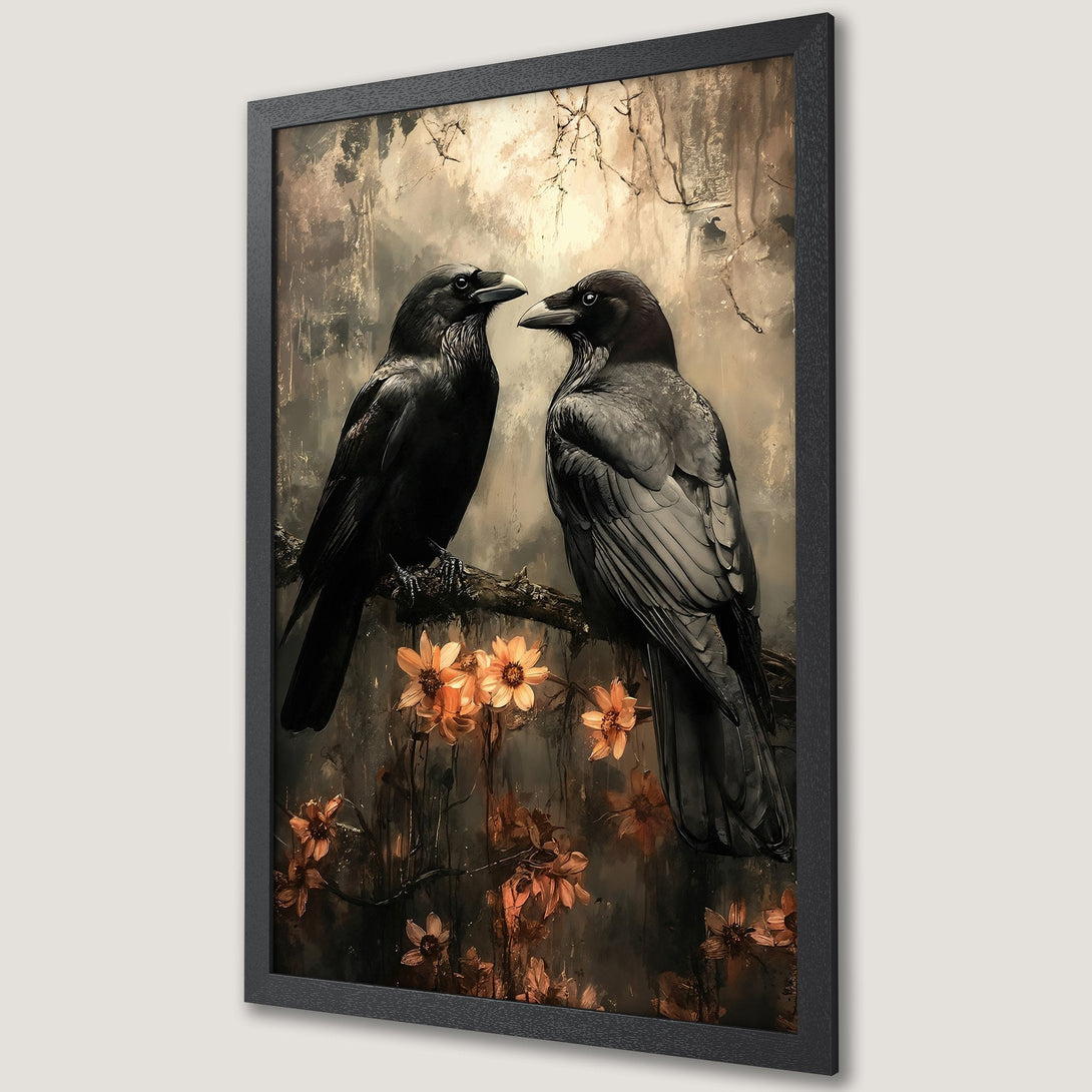 Framed Poster featuring two ravens on a branch with flowers, in a vintage style with a muted sepia and orange color palette. Perfect wall art.