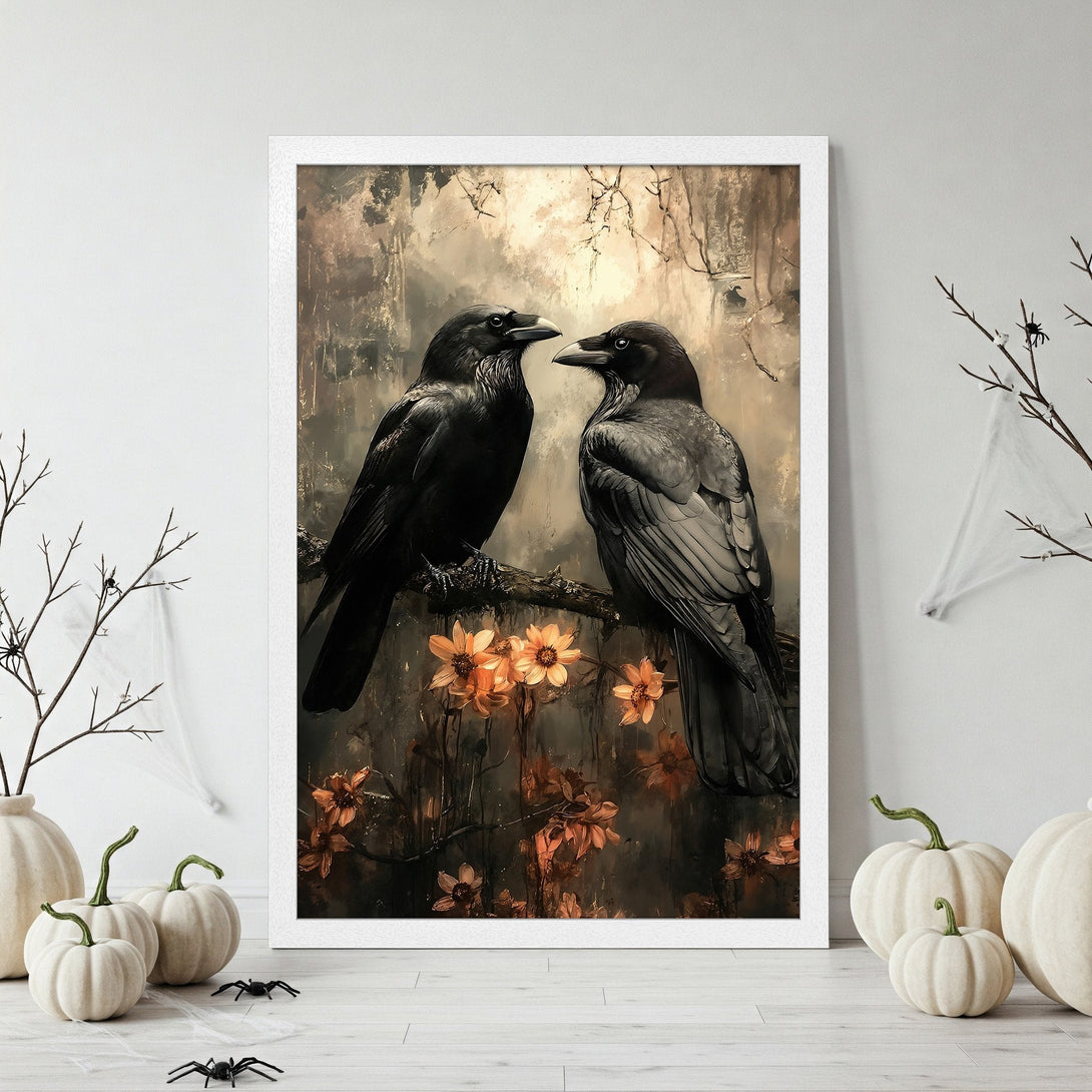Framed Poster featuring two black ravens on a branch, with a moody, vintage style and a warm, earthy color palette. Perfect for Halloween decor!