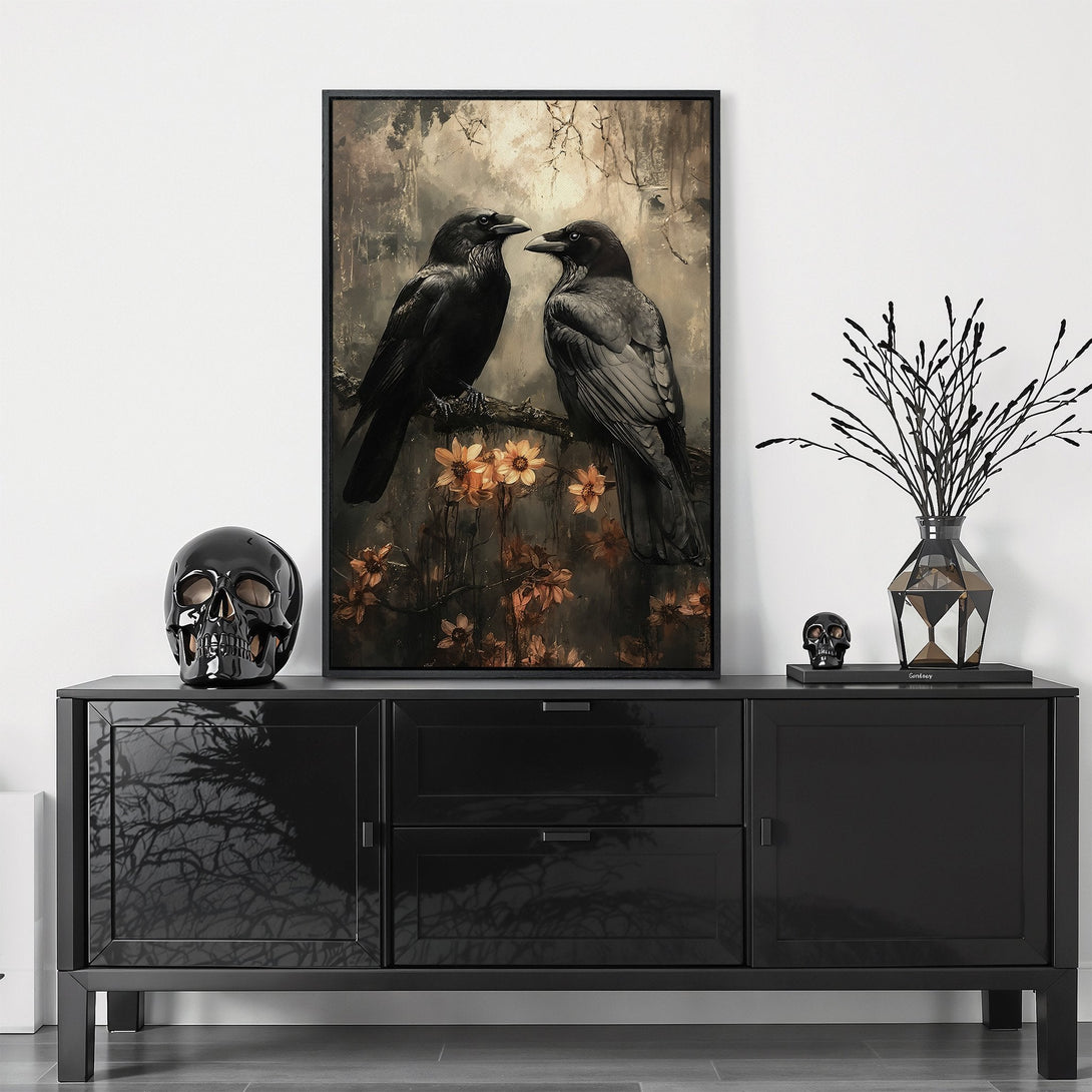 Framed Wall Art featuring two ravens on a branch, with a moody, dark aesthetic and a muted color palette. Perfect for adding a touch of gothic elegance.