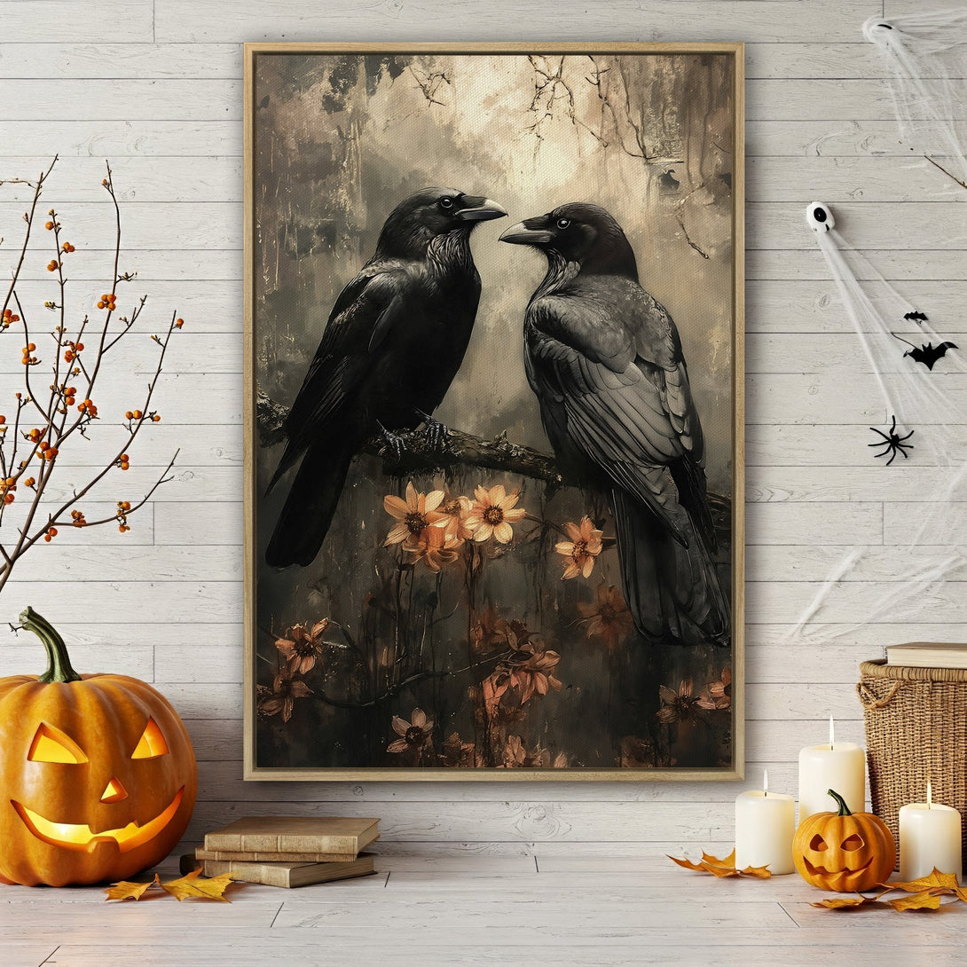 Framed Wall Art featuring two elegant ravens on a branch, with a vintage, moody aesthetic and a warm, autumnal color palette. Perfect for Halloween decor!