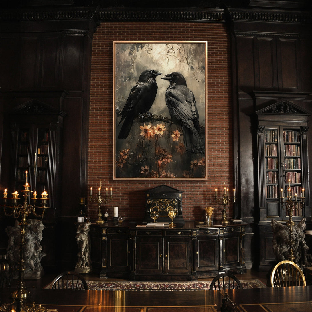 Framed Wall Art: Two black ravens on a branch, gothic style, warm neutral color palette. Perfect for adding a touch of mystery to your home.