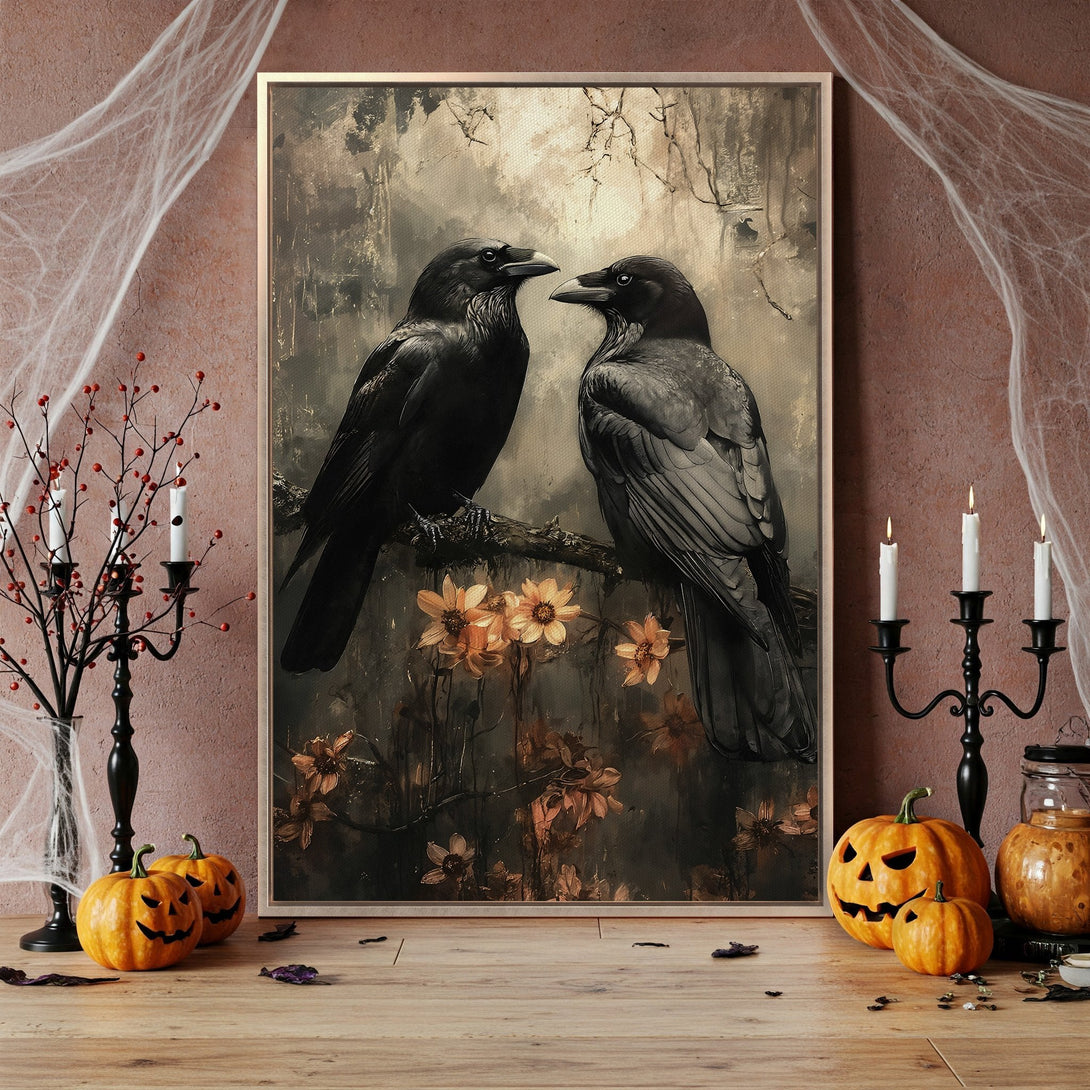 Framed Wall Art featuring two ravens on a branch. Gothic style with a muted, earthy color palette. Perfect Halloween decor for a spooky, stylish home.