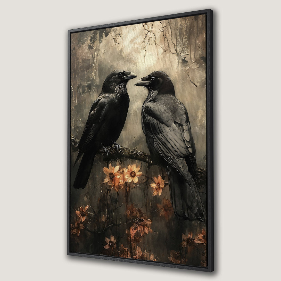 Framed Wall Art featuring two ravens on a branch, with a moody, vintage aesthetic. Dark, muted color palette with pops of orange. Perfect for gothic decor.