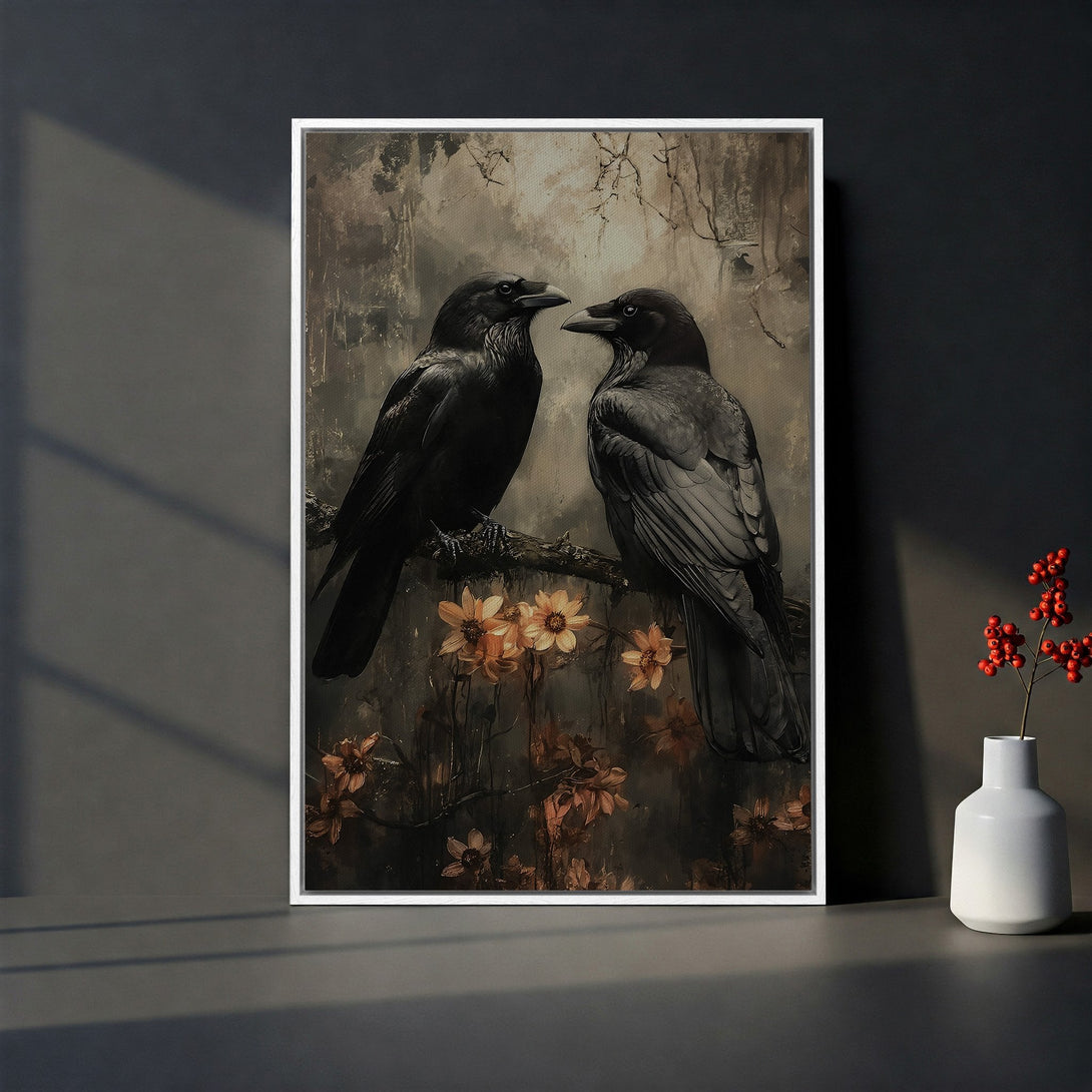 Framed Wall Art featuring two black crows on a branch.  Vintage style canvas print with a moody, dark color palette. Perfect for adding a touch of gothic decor.