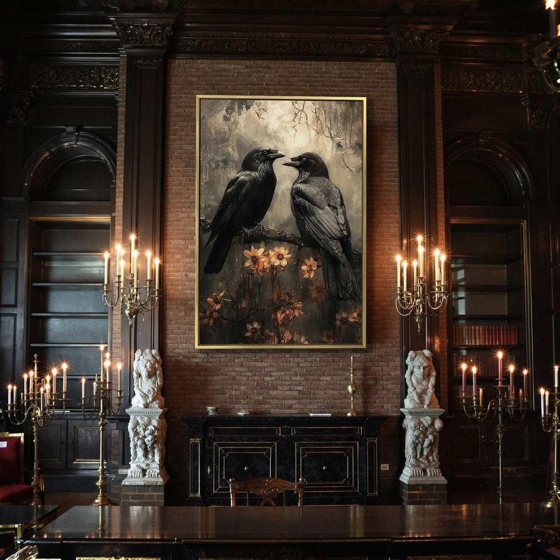Canvas Print: Two ravens on a branch, gothic art in moody brown and black tones. Perfect Halloween decor!