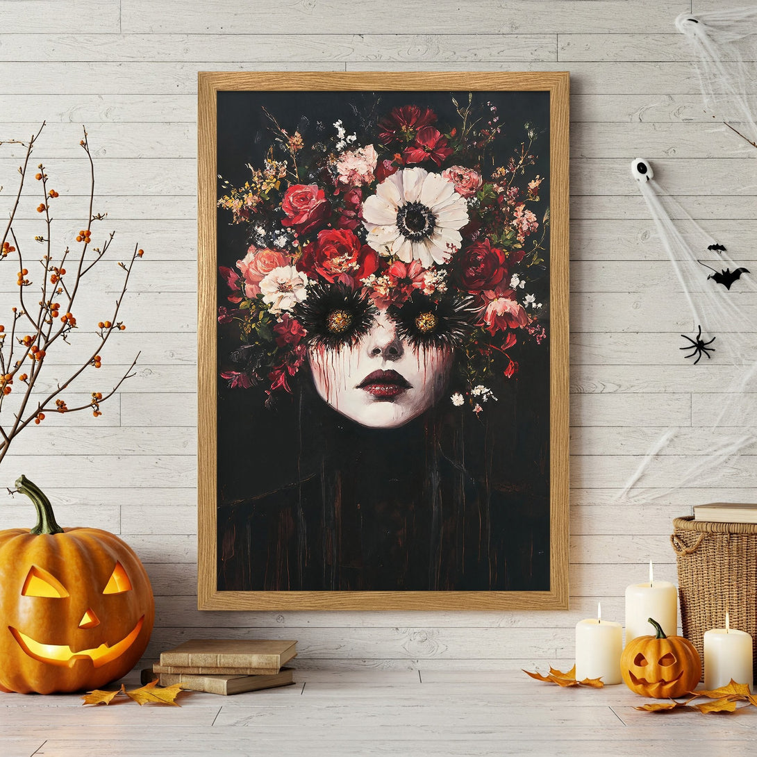 Framed Poster: Floral woman portrait, dark art style, red & black color palette. Perfect Halloween decor.