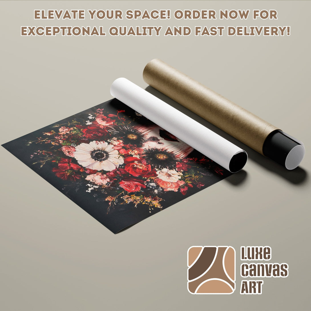 Floral Poster Roll in dark, moody style with a red and black color palette. Elevate your space!