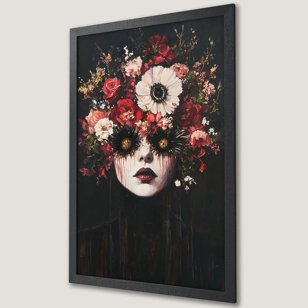 Framed Poster featuring a woman with a floral headdress, dark and moody style, rich red and black color palette. Perfect wall art!