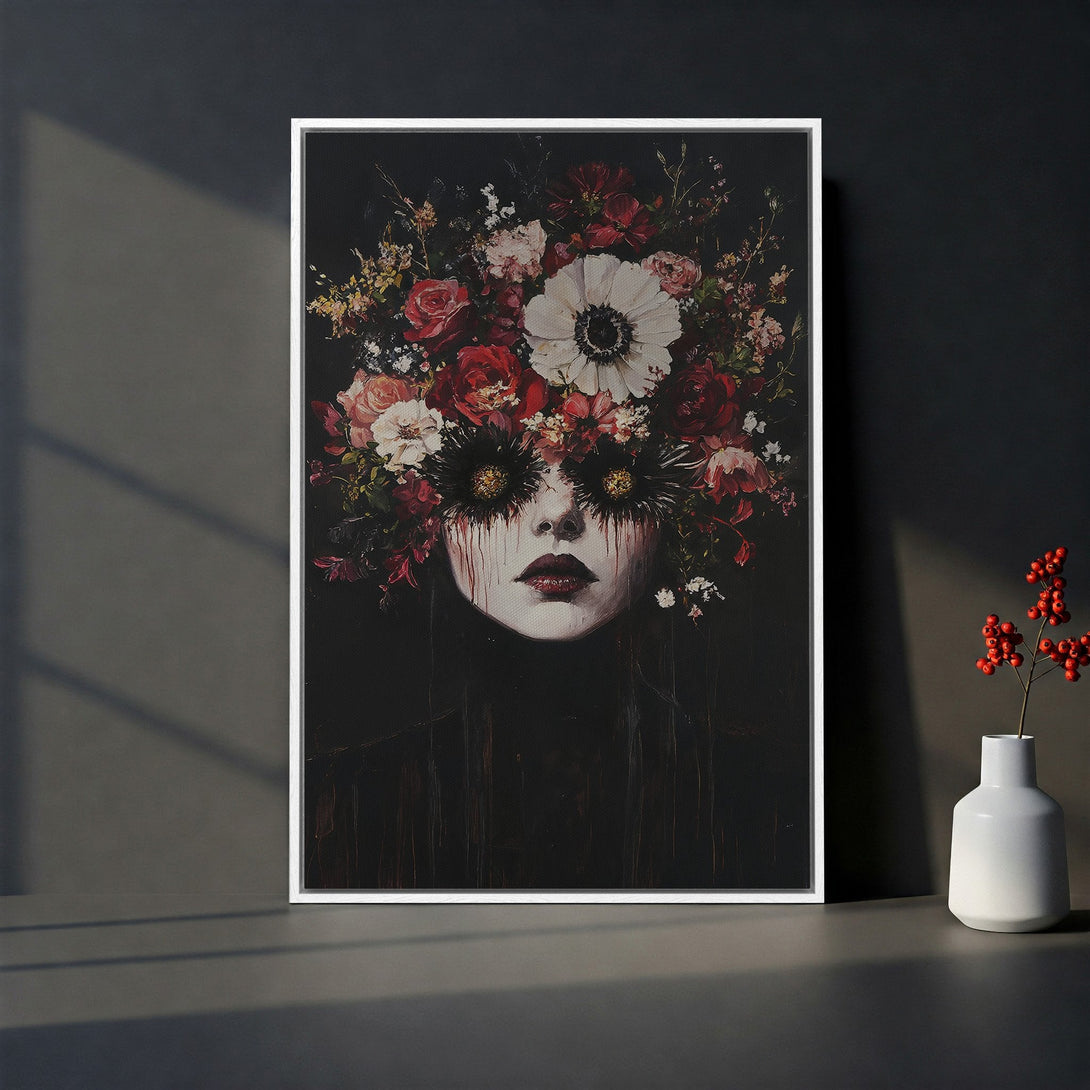 Framed Wall Art: Gothic portrait of a woman with floral crown. Dark, moody artwork with red, white, and black color palette. Perfect for modern home decor.