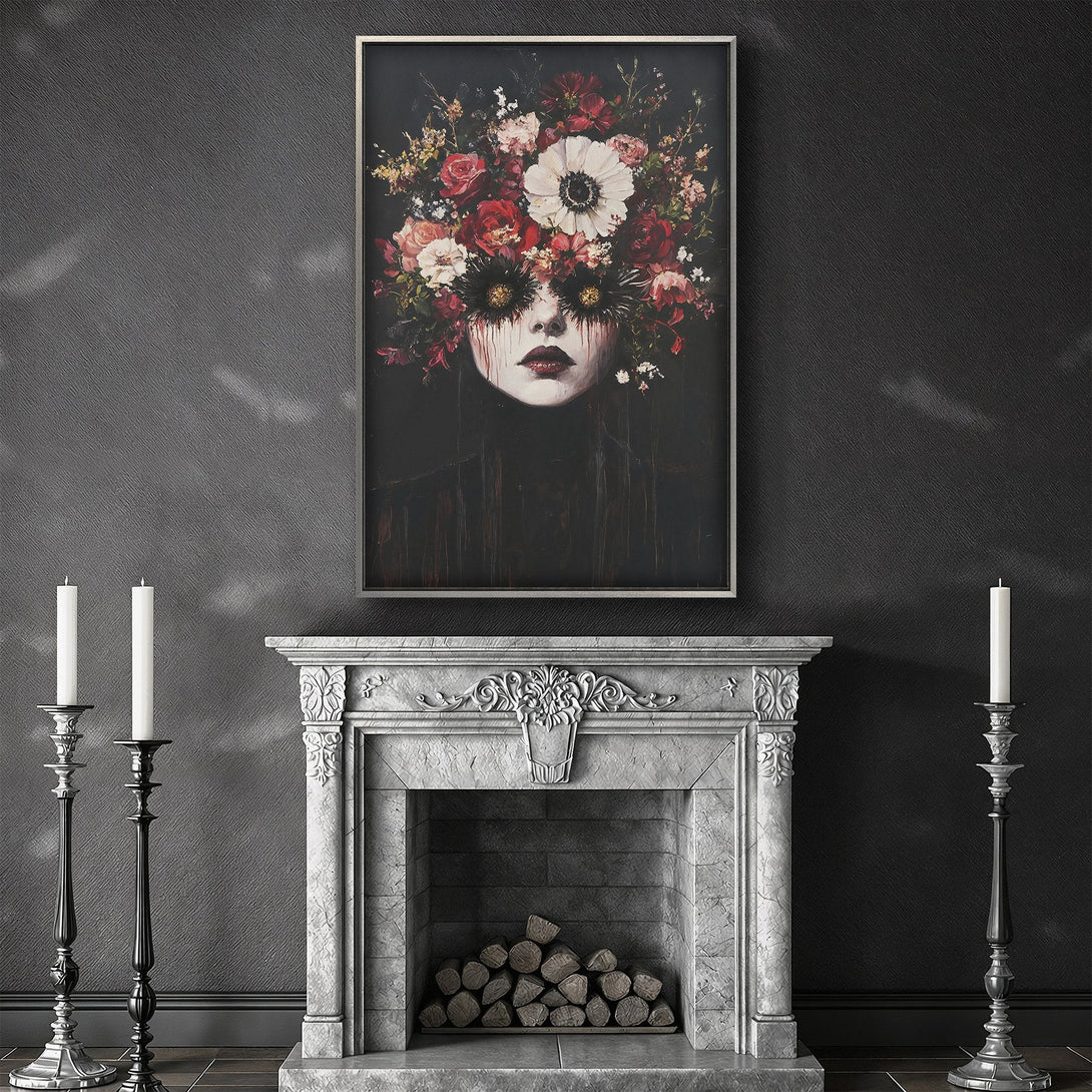Framed Wall Art featuring a gothic portrait with floral crown in a dark, moody color palette. Elevate your space with this stunning canvas print.