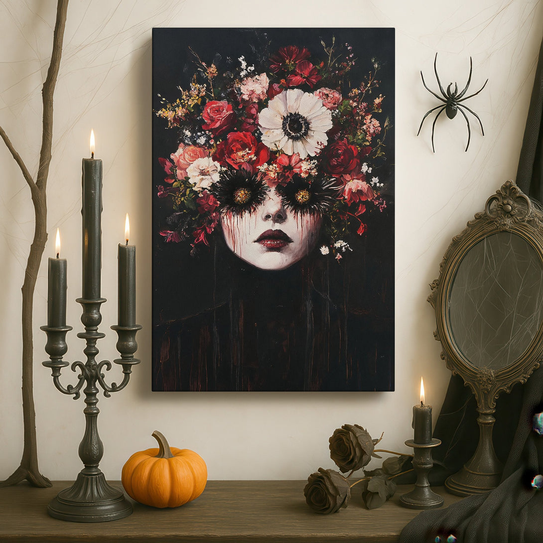 Framed Wall Art: Dark floral portrait with a red, black, and white color palette. Dramatic art for a stylish interior. Shop canvas prints now!