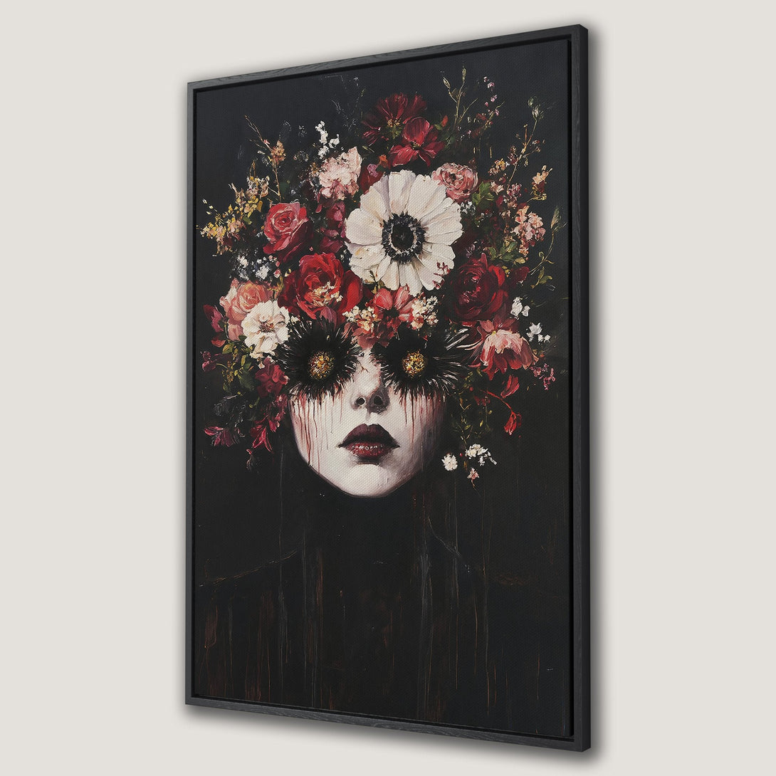 Framed Wall Art: Dark portrait with floral crown. Gothic style with red, black, and white color palette. Elevate your space with this unique Canvas Print.
