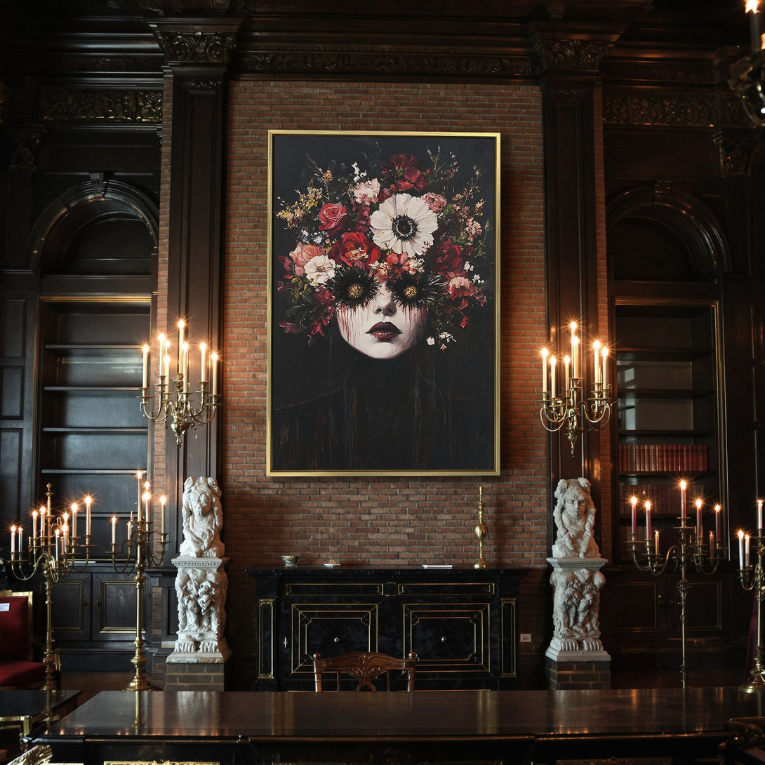 Canvas Print: Gothic floral portrait with red & black color palette. Perfect Halloween wall art.