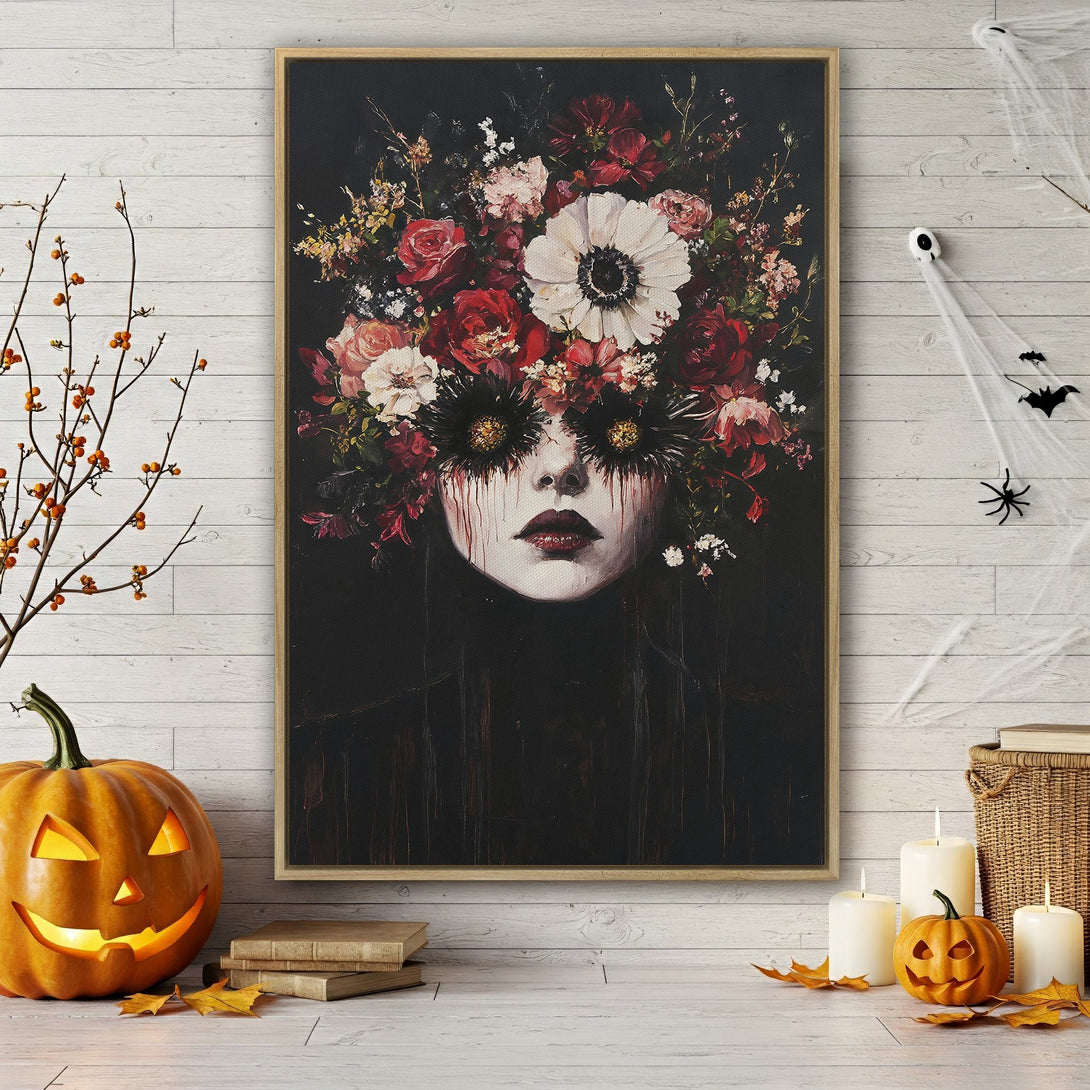 Framed Wall Art featuring a gothic floral portrait in dark reds, whites, and blacks. Perfect Halloween decor! Add a touch of spooky elegance to your space.