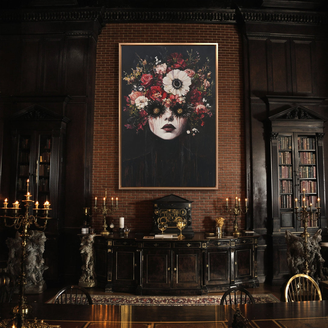 Framed Wall Art: Gothic portrait with floral headdress, rich red, black, and white palette. Adds elegance to any interior. Shop canvas prints now!