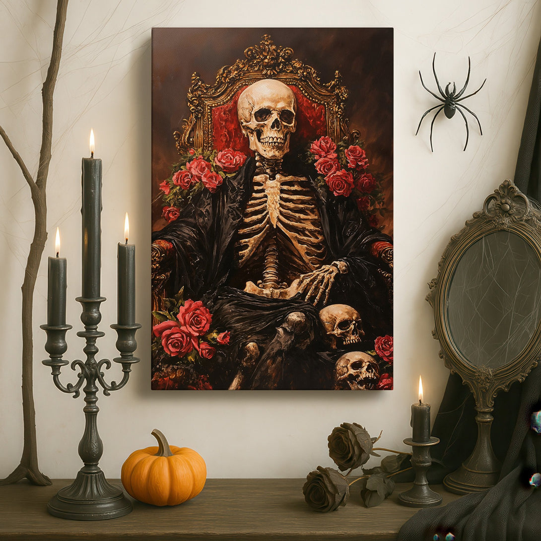 Framed Wall Art: Gothic skeleton portrait with red roses, displayed in a luxurious interior. Dark, moody color palette. Perfect for adding a unique touch.
